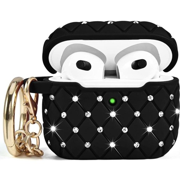 Apple Airpods 3rd Generation Rhinestone  Protective Case w/ Keychain Color Black - Picture 2 of 6